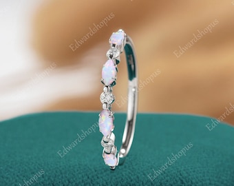 opal Wedding band women Vintage Wedding band Unique Mariquise cut Anniversary gift her Moissanite white gold ring Diamond Dainty