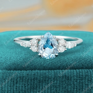 Aquamarine Engagement ring Vintage Engagement ring Unique rose gold ring Art Deco Anniversary gift her Gold ring Diamond Moissanite women