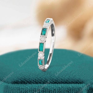 turquoise wedding band women Vintage moissanite half eternity white gold marquise cut wedding band match Stacking diamond band gift for her