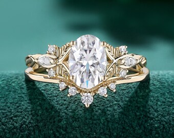 Oval Moissanite Engagement Ring Set, Yellow Gold Leaf Bridal Set, Nature Inspired Leaf Vine Wedding ring, Handmade for Women