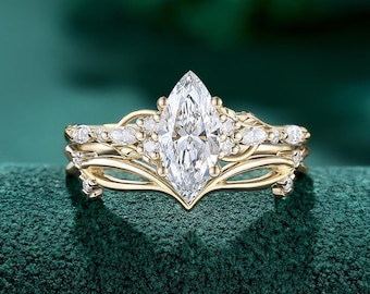 Marquise Lab Diamond Engagement Ring set, 1CT IGI Certified, Solid Gold Leaf Design Bridal jewelry for women