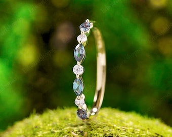 Alexandrite wedding band women Vintage moissanite half eternity yellow gold marquise wedding band match Stacking diamond band gift for her