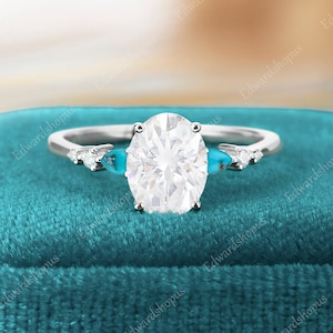 Oval cut Moissanite engagement ring white gold vintage pear shaped turquoise unique Diamond wedding band Bridal Promise gift for women