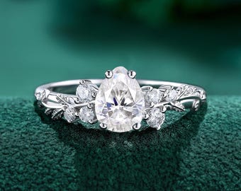 Pear Moissanite Engagement Ring, Leaf & Vine Twisted Wedding Ring, Nature Inspired Ring, Accent Moissanite Side Stones Promise Ring
