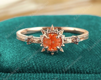 unique Sunstone engagement ring vintage sun ring rose gold engagement ring women art deco alexandrite wedding ring anniversary gift for her
