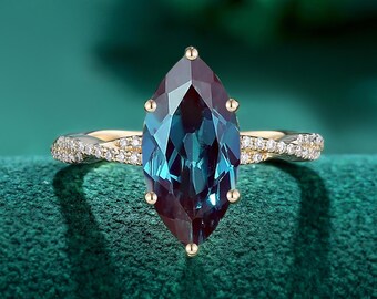 Marquise Cut Alexandrite Engagement Ring,  Yellow Gold Band, Unique Color Changing Bridal Promise Ring, June Birthstone Ring
