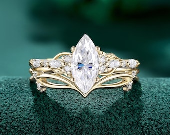 Marquise Moissanite Engagement Ring Set, Yellow gold Nature Inspired Leaf Vine Bridal Set, Handmade Promise Ring, Unique Jewelry for Women