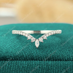 moissanite wedding band women Vintage Curved wedding band half eternity White gold marquise cut Stacking diamond Bridal band gift for her