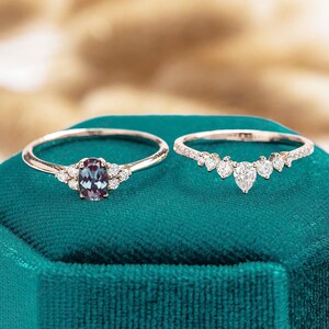 Alexandrite Engagement ring set Vintage Unique ring Oval cut Anniversary gift for her Diamond Art Deco Moissanite Rose gold ring for women