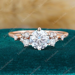 Moissanite Engagement Ring with Cluster Moissanite or Diamond Accents ring Rose Gold Unique Bridal Ring unique Vintage-Inspired Wedding Band