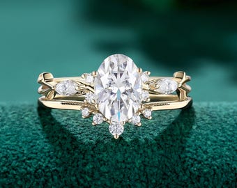 Oval Moissanite Engagement Ring Set, Art Deco Leaf Vine Bridal Set, Vintage Nature Inspired Wedding ring, Handmade For Women