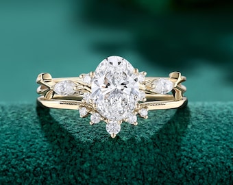 Oval cut Lab Diamond Engagement Ring set, IGI Certified ring, Solid Gold Nature Inspired Leaf Vine Bridal Set