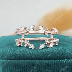 marquise cut Moissanite Enhancer Wedding Band, Unique Women&#39;s Curve diamond Wedding Band, wrap guard band rose Gold Stackable Matching Gift