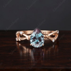 Alexandrit Verlobungsring, birnenförmiger Ring, Vintage Verlobungsring, Rosegold Diamantring, Moissanite Blattring, Jubiläumsgeschenk