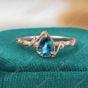 Teal sapphire engagement ring, blue green sapphire ring, vintage rose gold ring, pear shaped Diamond ring, stacking ring, bridal ring