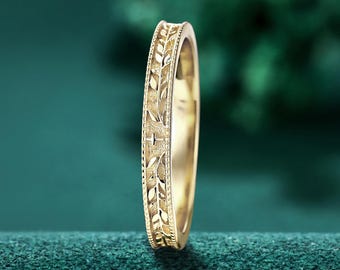 Vintage Cross Vine Leaf Wedding Band, Solid 14k Yellow Gold Stackable Ring, Engraved Floral Leaf Band