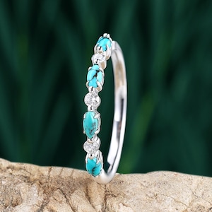 turquoise wedding band women Vintage moissanite half eternity white gold marquise cut wedding band match Stacking diamond band gift for her