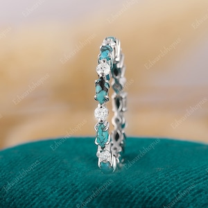 Full eternity turquoise wedding band women Vintage moissanite white gold marquise cut wedding band match Stacking diamond band gift for her