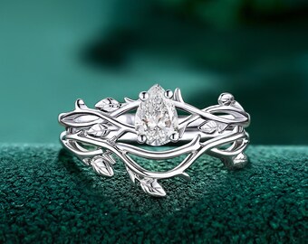 Pear shaped Lab Diamond Engagement Ring set, IGI Certified white gold ring, Solid Gold Leaf Design women Bridal Jewelry