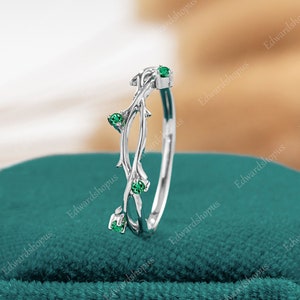 Vintage smaragdfärgad vigselring art déco-bladring minimalistisk vitguldring nätt vigselring unik ring med matchande ring för brud