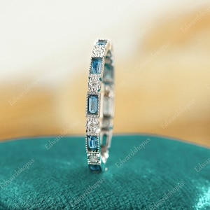London Blue topaz wedding band women Vintage moissanite full eternity white gold baguette cut wedding band match Stacking diamond band gift
