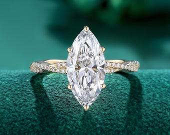 2CT IGI Certified Marquise Cut Lab Diamond Engagement Ring, Woven Half eternity Band Yellow Gold Ring, Promise Ring for Women