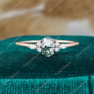 4*6mm Oval cut Moss Agate Engagement ring, Unique Rose Gold Ring Marquise Diamond Ring, Seven Stone Moissanite Ring Anniversary Gift for Her