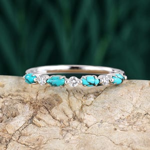 turquoise wedding band women Vintage moissanite half eternity white gold marquise cut wedding band match Stacking diamond band gift for her