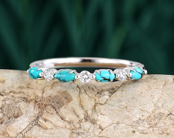 turquoise wedding band women Vintage moissanite half eternity white gold marquise cut wedding band match Stacking diamond band gift for her