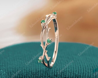 vintage emerald wedding band art deco leaf ring minimalist rose gold ring dainty wedding ring unique band staking matching band bridal