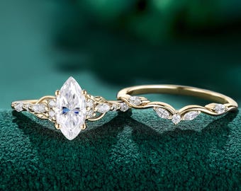 Marquise Moissanite Engagement Ring set, Vintage Filigree Vine Leaf Design, Yellow Gold Promise bridal set for women
