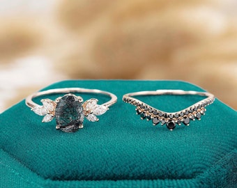 Black rutilated quartz Engagement ring set for women Rose gold ring Anniversary gift for her Diamond Black Diamond Art Deco Moissanite