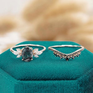 Black rutilated quartz Engagement ring set for women Rose gold ring Anniversary gift for her Diamond Black Diamond Art Deco Moissanite