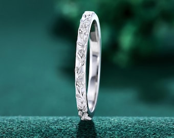 Diamond Solid white Gold Rose Wedding Band, Nature Element Floral Ring, Handmade Dainty Wedding Ring, Unique Rose Gold Valentine's Day gift