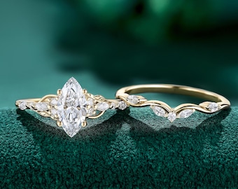 Marquise cut 1CT IGI Certified Lab grown diamond engagement ring set Solid gold Nature Inspired Leaf Design Bridal Jewelry Promise Gift