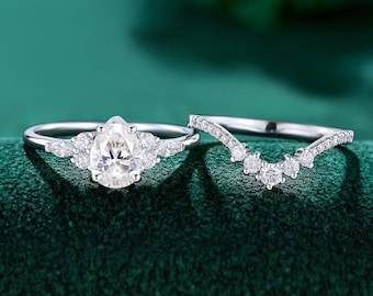 Pear Cut Moissanite Engagement Ring Set, Solid white  Gold Bridal Set, Stacking Curved Wedding Band Promise Ring Set for Women