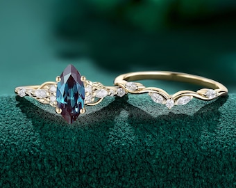 Marquise alexandrite Engagement Ring set, Vintage Filigree Vine Leaf Design, Yellow Gold Promise bridal set for women