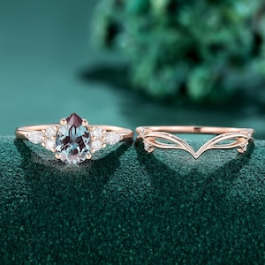 Alexandrit Verlobungsring, Sterling Silber Ring, Verlobungsring, Vintage Ring, Natur Inspirierter Ehering, Schmuckset