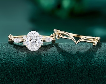 Oval cut Lab Diamond Engagement Ring set, 1CT IGI Certified, Solid Gold Leaf Design Bridal jewelry for women