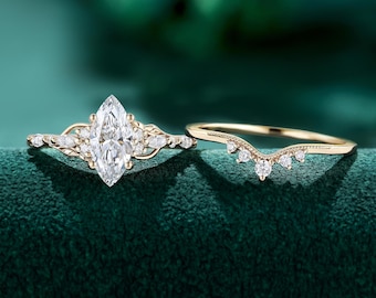 Marquise Lab Diamond Engagement Ring set, vintage 1CT IGI Certified, Solid Gold Leaf Design Bridal jewelry for women