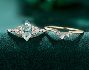 Marquise Moss Agate Engagement Ring Set, Nature Inspired Leaf Bridal Set, Dainty Vine Promise Ring, Handmade Bridal Jewelry