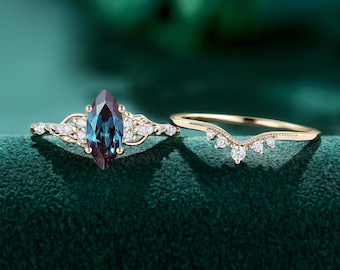 Marquise cut Lab Alexandrite Engagement Ring Set, Leaf Nature Inspired, Color-Shifting bridal set for women