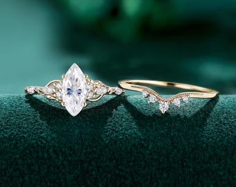 Marquise Moissanite Engagement Ring Set, Nature Inspired Leaf Vine Bridal Set, Handmade Promise Ring, Unique Jewelry for Women