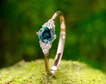 blue green sapphire engagement ring vintage women Cluster rose gold teal sapphire engagement ring diamond wedding ring Bridal unique ring