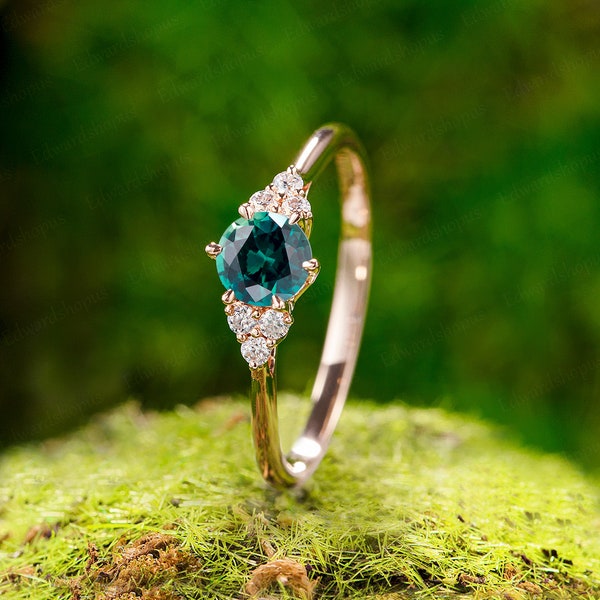 blue green sapphire engagement ring vintage women Cluster rose gold teal sapphire engagement ring diamond wedding ring Bridal  unique ring