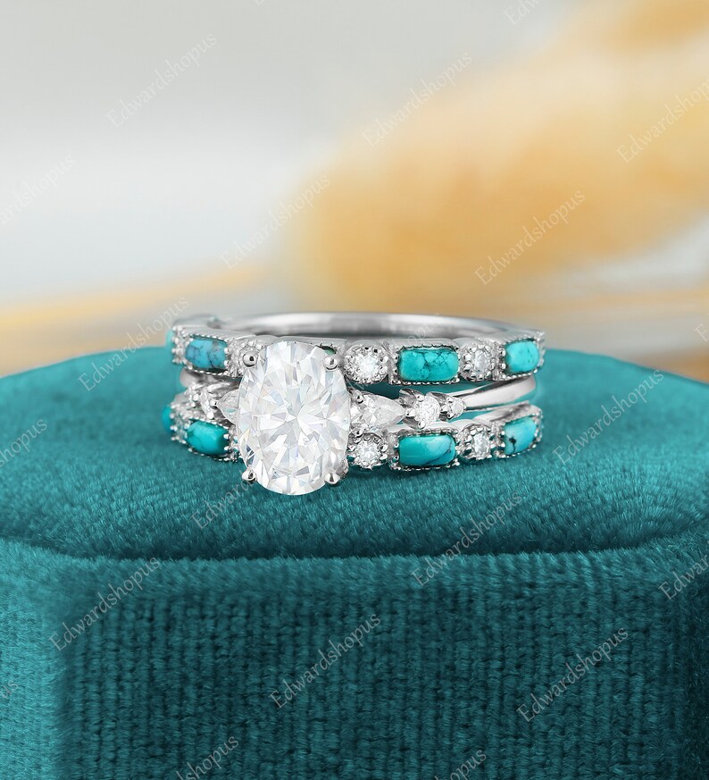 3PCS Oval Moissanite Engagement Ring Set Vintage White Gold Pear Shaped ...