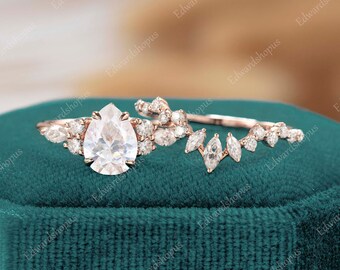 moissanite engagement ring set vintage Pear shaped women rose gold marquise cut unique diamond wedding Bridal set anniversary art deco ring