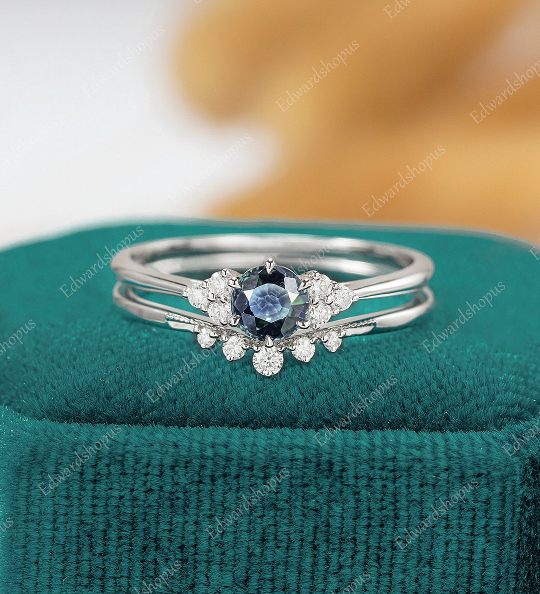 Blue Green Sapphire Engagement Ring Unique Engagement Ring Set Vintage