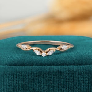 Curved moissanite wedding band women Vintage wedding band rose gold marquise cut Stacking band match diamond Bridal band gift for her