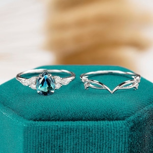 vintage engagement ring set Pear shaped blue green sapphire women white gold marquise cut moissanite unique diamond wedding band Bridal set